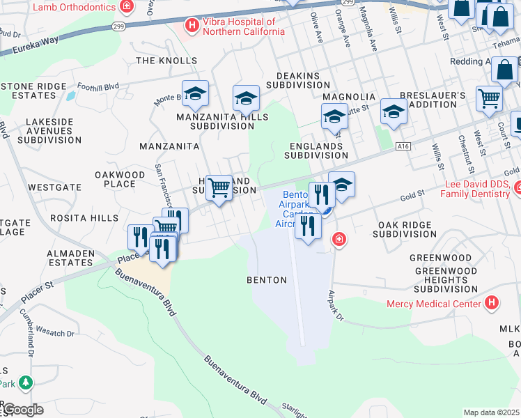 map of restaurants, bars, coffee shops, grocery stores, and more near 1800 Highland Avenue in Redding