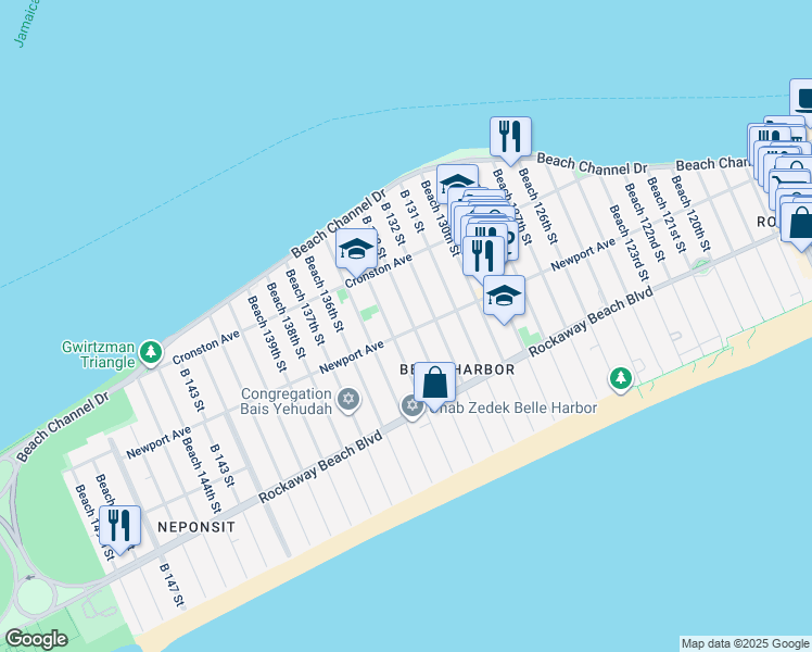 map of restaurants, bars, coffee shops, grocery stores, and more near 13305 Newport Avenue in Queens