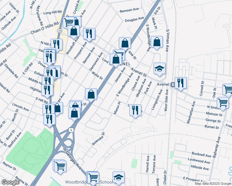 map of restaurants, bars, coffee shops, grocery stores, and more near 490 Jansen Avenue in Woodbridge Township