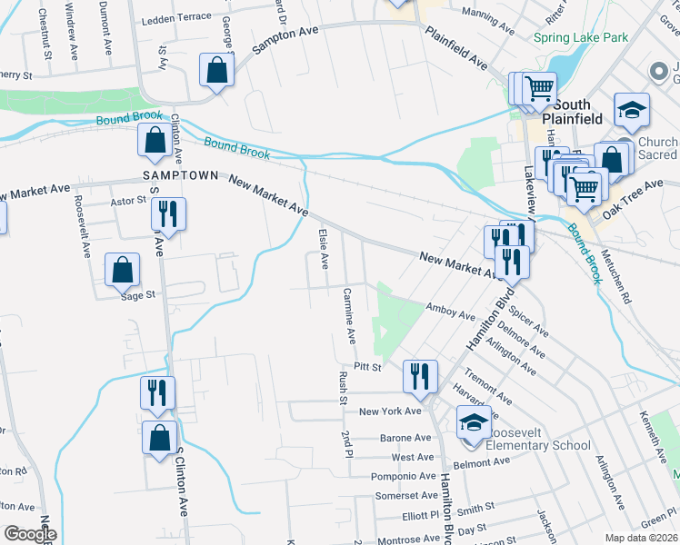 map of restaurants, bars, coffee shops, grocery stores, and more near 454 Carmine Avenue in South Plainfield