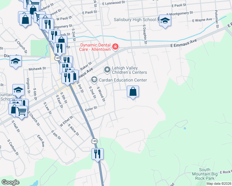 map of restaurants, bars, coffee shops, grocery stores, and more near 2410 South Albert Street in Allentown