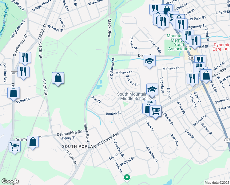map of restaurants, bars, coffee shops, grocery stores, and more near 1984 South Delaware Street in Allentown