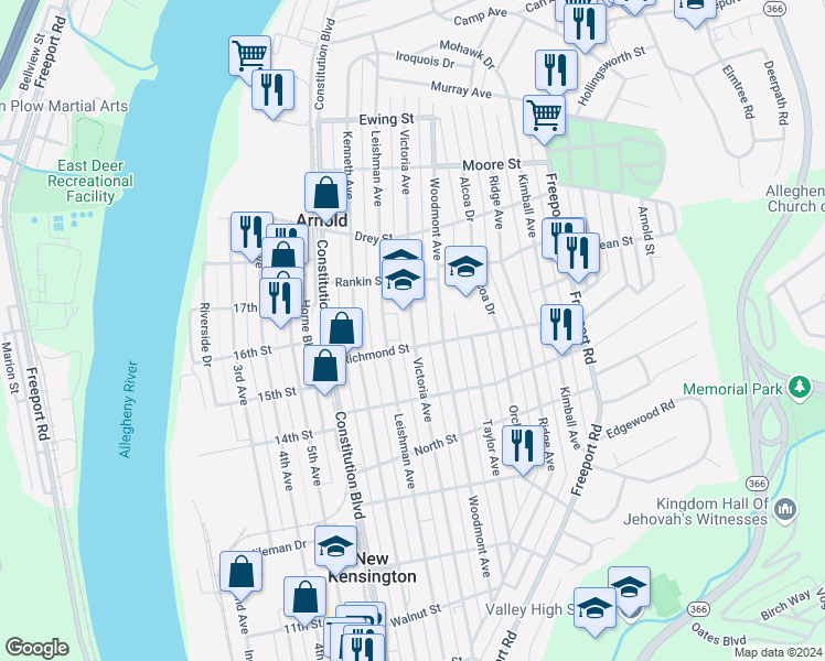 map of restaurants, bars, coffee shops, grocery stores, and more near 1701 Woodmont Avenue in Arnold