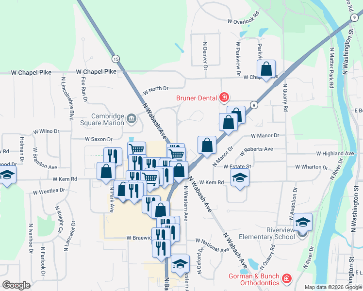 map of restaurants, bars, coffee shops, grocery stores, and more near 1323 North Baldwin Avenue in Marion