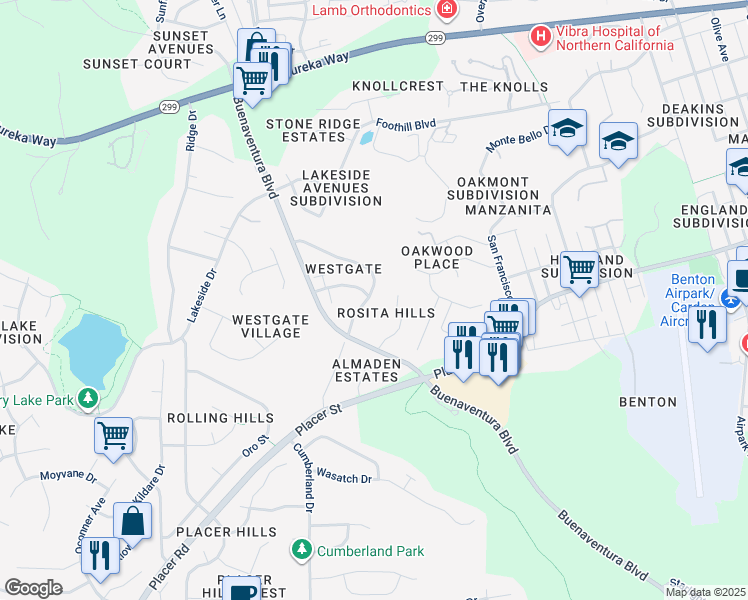 map of restaurants, bars, coffee shops, grocery stores, and more near 3688 Cal Ore Drive in Redding