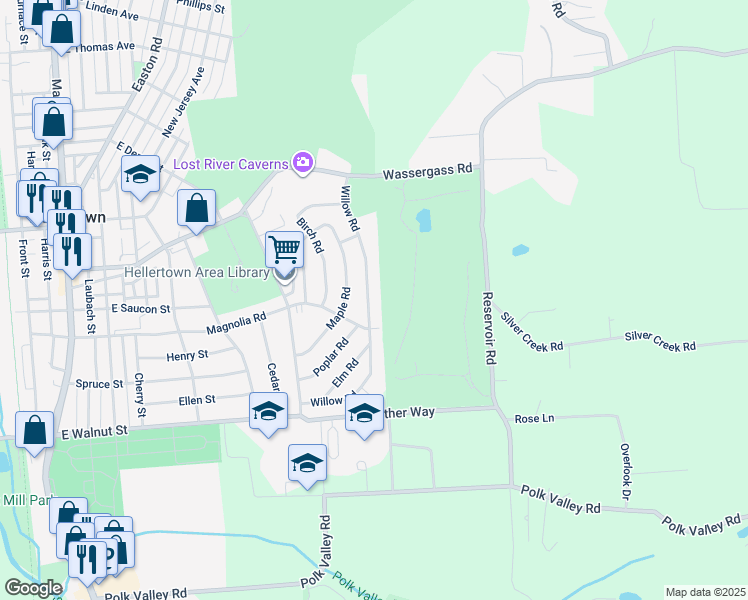 map of restaurants, bars, coffee shops, grocery stores, and more near 427 Willow Road in Hellertown