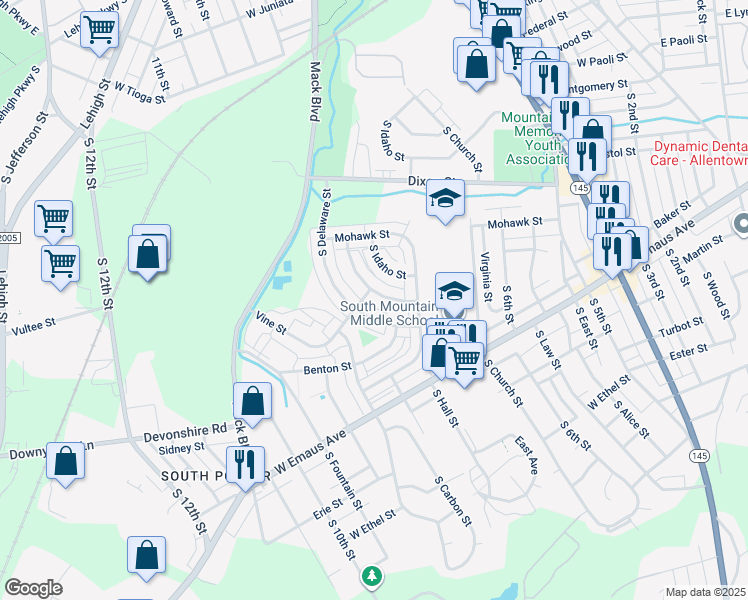 map of restaurants, bars, coffee shops, grocery stores, and more near 1976 South Hall Street in Allentown