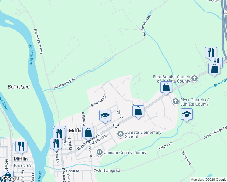 map of restaurants, bars, coffee shops, grocery stores, and more near 239 9th Street in Mifflintown