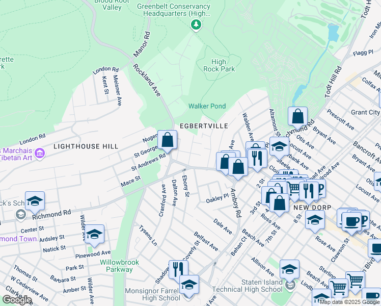 map of restaurants, bars, coffee shops, grocery stores, and more near Dimarco Place in Staten Island