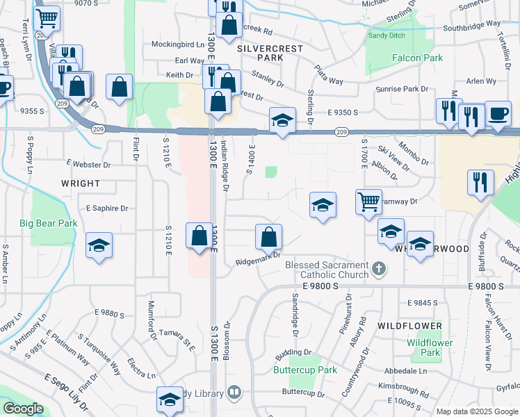 map of restaurants, bars, coffee shops, grocery stores, and more near 1413 Eastpoint Drive in Sandy