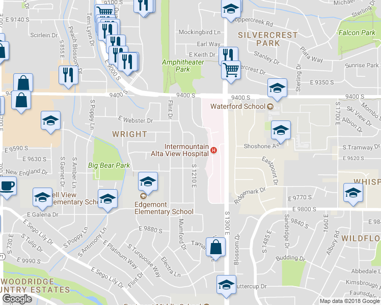 map of restaurants, bars, coffee shops, grocery stores, and more near 9594 South 1210 East in Sandy