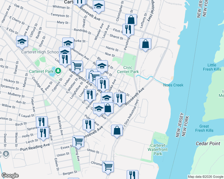 map of restaurants, bars, coffee shops, grocery stores, and more near 144 High Street in Carteret