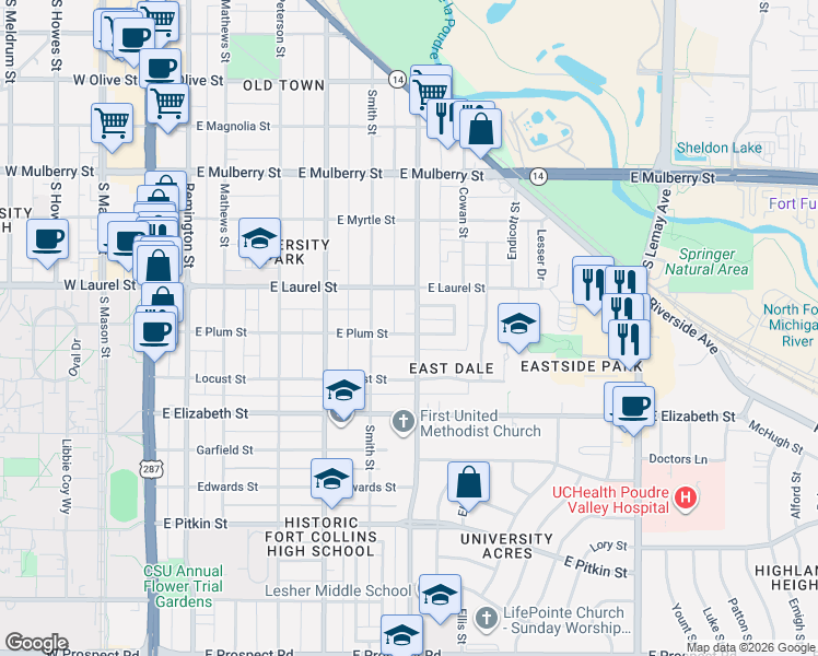 map of restaurants, bars, coffee shops, grocery stores, and more near 619 East Plum Street in Fort Collins
