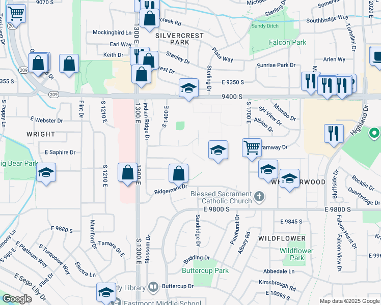 map of restaurants, bars, coffee shops, grocery stores, and more near 1475 Eastpoint Circle in Sandy