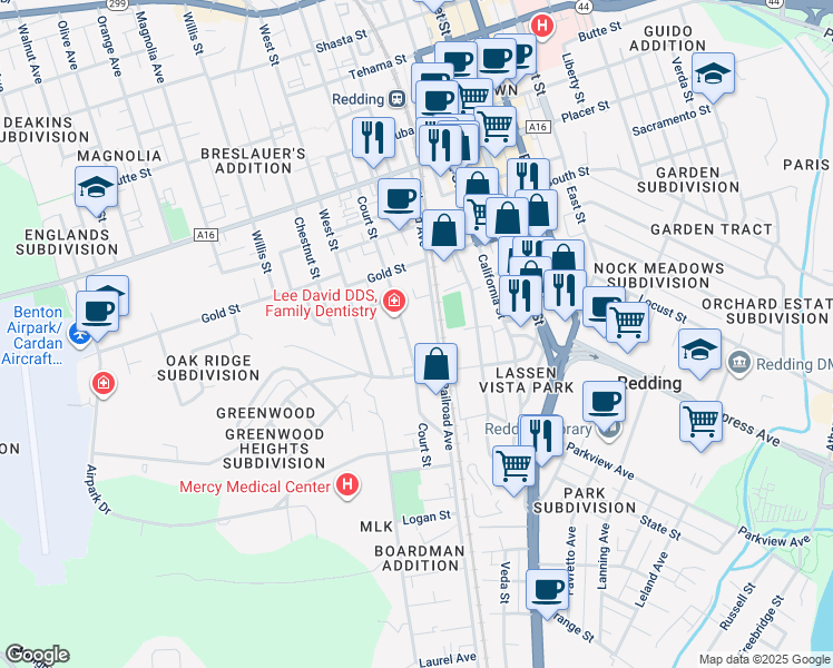 map of restaurants, bars, coffee shops, grocery stores, and more near 2209 Court Street in Redding