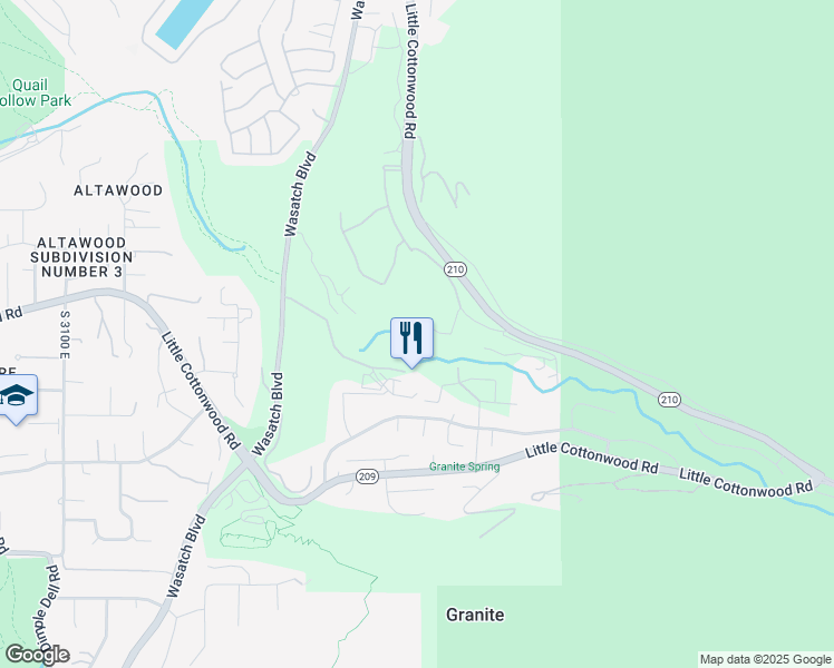 map of restaurants, bars, coffee shops, grocery stores, and more near 3677 East Little Cottonwood Road in Sandy
