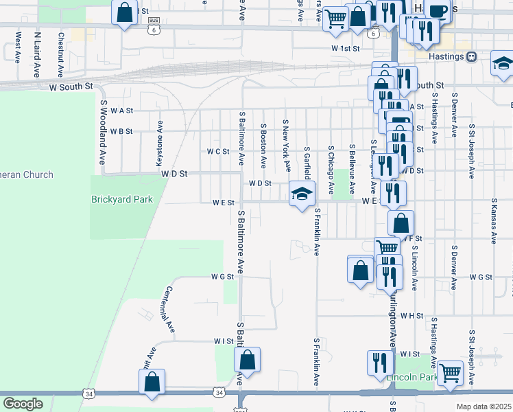 map of restaurants, bars, coffee shops, grocery stores, and more near 1401 West E Street in Hastings