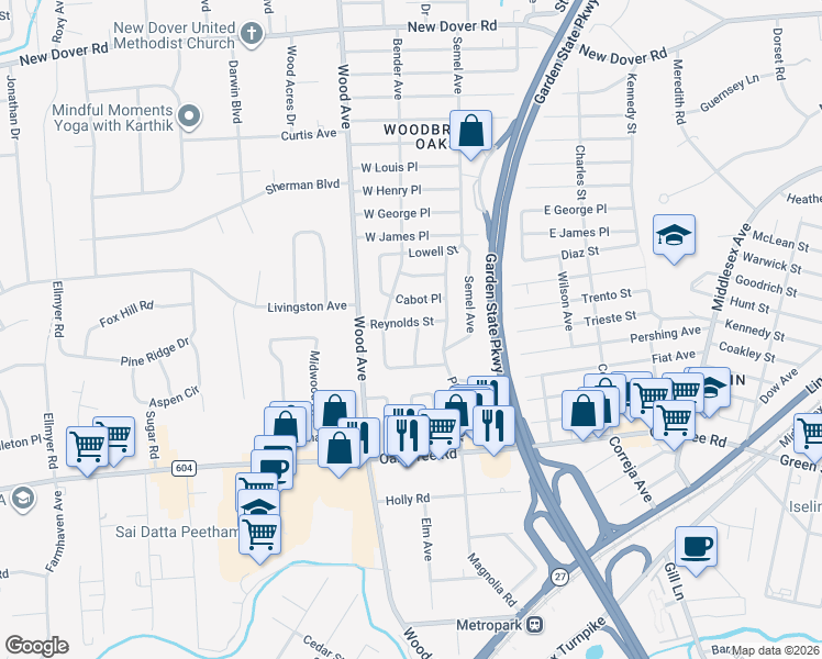 map of restaurants, bars, coffee shops, grocery stores, and more near 25 Standish Place in Woodbridge Township