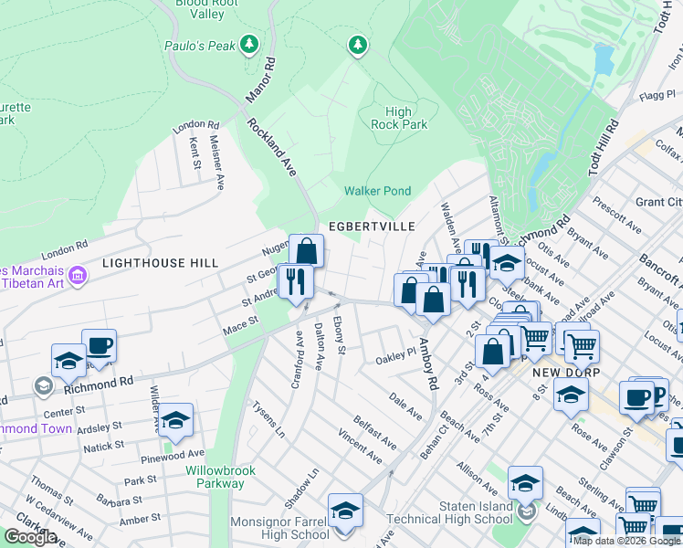 map of restaurants, bars, coffee shops, grocery stores, and more near Dimarco Place in Staten Island