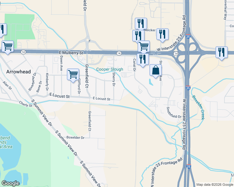 map of restaurants, bars, coffee shops, grocery stores, and more near 816 Sherry Drive in Fort Collins