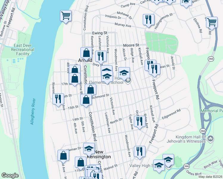 map of restaurants, bars, coffee shops, grocery stores, and more near 1710 Victoria Avenue in New Kensington