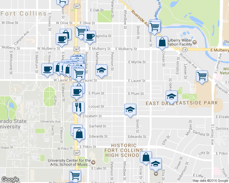 map of restaurants, bars, coffee shops, grocery stores, and more near 402 East Plum Street in Fort Collins