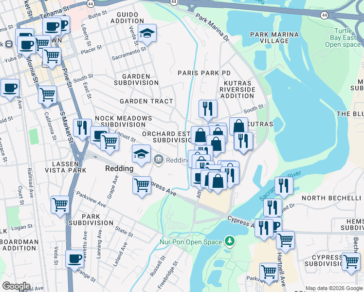 map of restaurants, bars, coffee shops, grocery stores, and more near 2329 Canal Drive in Redding