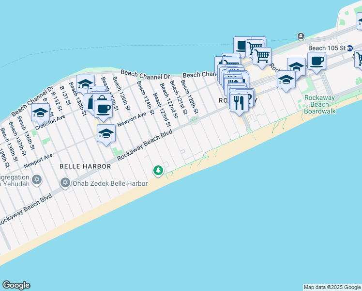 map of restaurants, bars, coffee shops, grocery stores, and more near 150 Beach 123rd Street in Queens