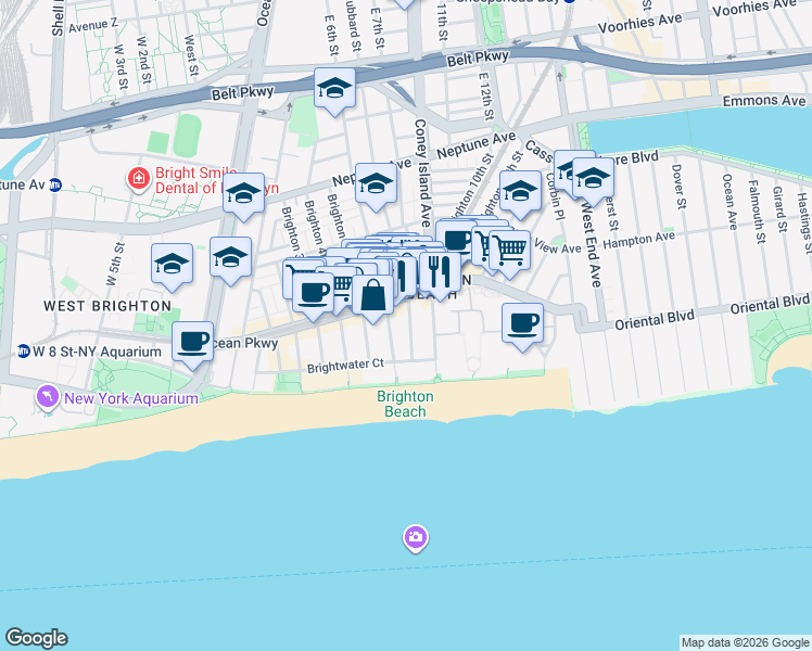 map of restaurants, bars, coffee shops, grocery stores, and more near 3110 Brighton 7th Street in Brooklyn