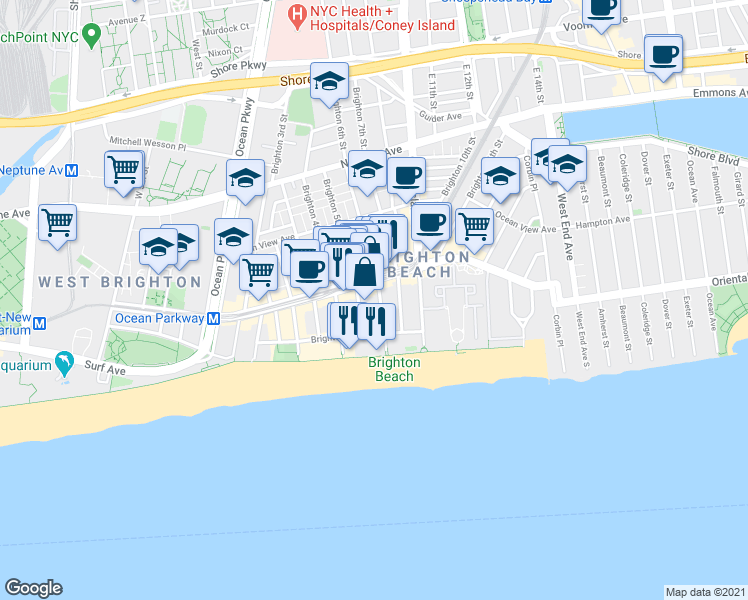 map of restaurants, bars, coffee shops, grocery stores, and more near 3099 Brighton 5th Street in Brooklyn