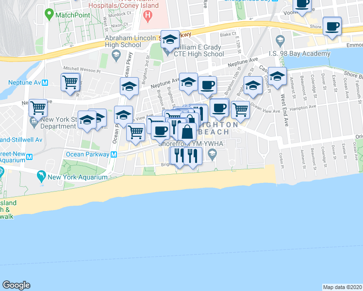 map of restaurants, bars, coffee shops, grocery stores, and more near 3099 Brighton 5th Street in Brooklyn