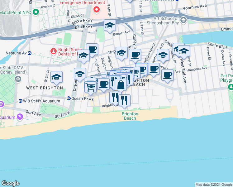 map of restaurants, bars, coffee shops, grocery stores, and more near 3099 Brighton 5th Street in Brooklyn