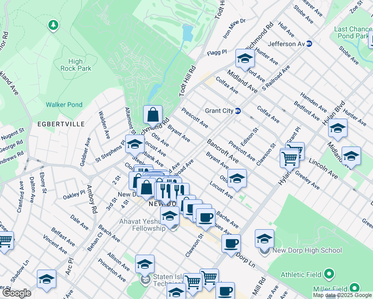 map of restaurants, bars, coffee shops, grocery stores, and more near 1283 North Railroad Avenue in Staten Island