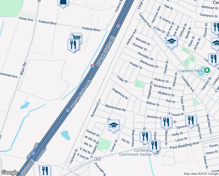 map of restaurants, bars, coffee shops, grocery stores, and more near 46 Beacon Street in Woodbridge Township