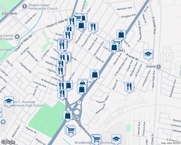 map of restaurants, bars, coffee shops, grocery stores, and more near 102 Minna Avenue in Woodbridge Township