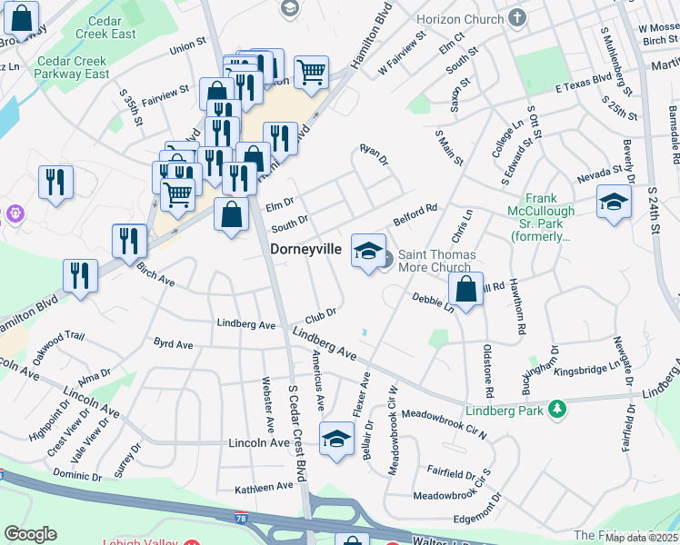 map of restaurants, bars, coffee shops, grocery stores, and more near 905 Club Drive in Allentown