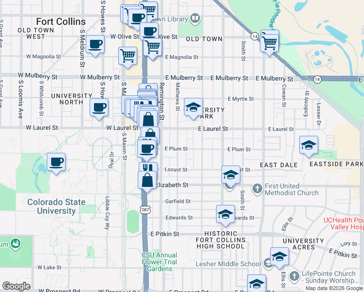 map of restaurants, bars, coffee shops, grocery stores, and more near 730 Mathews Street in Fort Collins