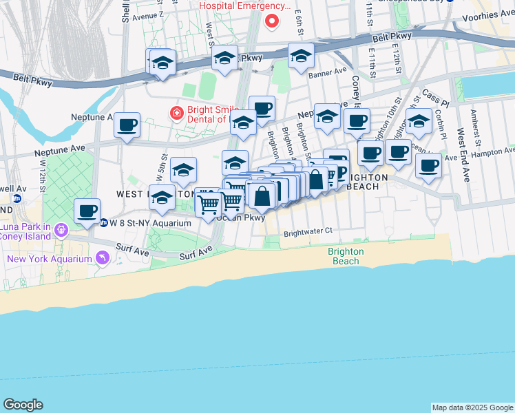 map of restaurants, bars, coffee shops, grocery stores, and more near 229 Brighton Beach Avenue in Brooklyn