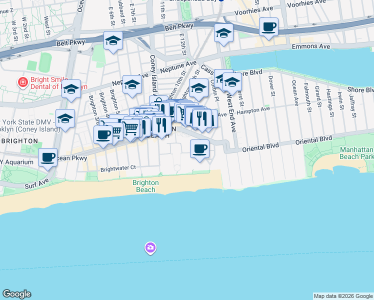 map of restaurants, bars, coffee shops, grocery stores, and more near 105 Oceana Drive West in Brooklyn