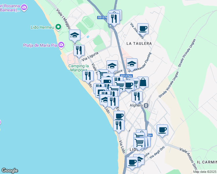 map of restaurants, bars, coffee shops, grocery stores, and more near 73 Viale Europa in Alghero