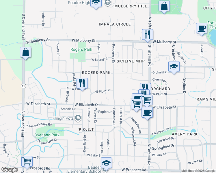 map of restaurants, bars, coffee shops, grocery stores, and more near 2415 West Plum Street in Fort Collins