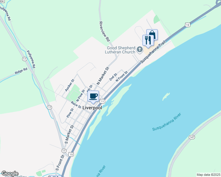 map of restaurants, bars, coffee shops, grocery stores, and more near 503 North Front Street in Liverpool
