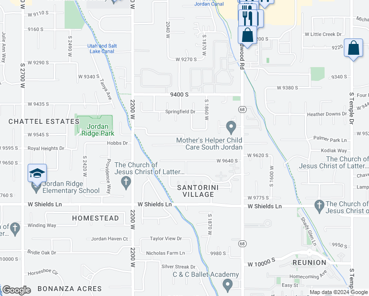 map of restaurants, bars, coffee shops, grocery stores, and more near 1963 West 9585 South in South Jordan