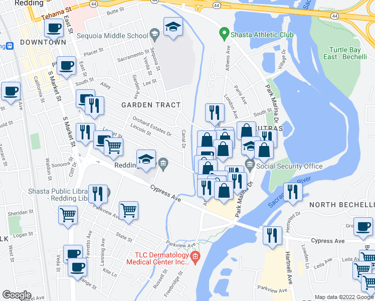 map of restaurants, bars, coffee shops, grocery stores, and more near 2329 Canal Drive in Redding