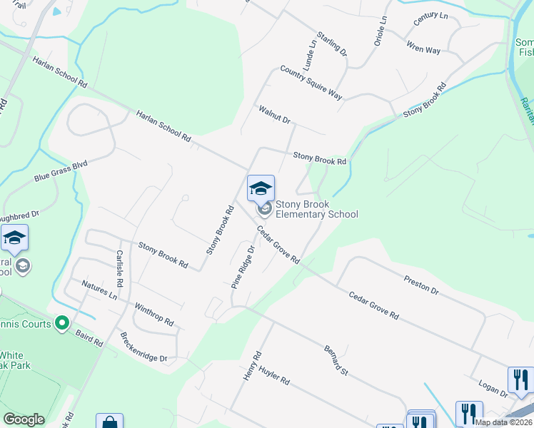 map of restaurants, bars, coffee shops, grocery stores, and more near 136 Cedar Grove Road in Branchburg