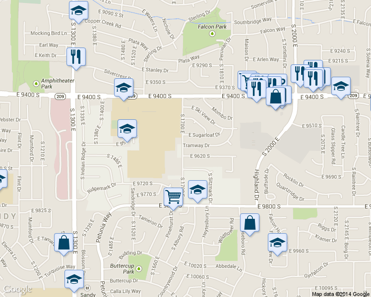 map of restaurants, bars, coffee shops, grocery stores, and more near 9595 South 1700 East in Sandy