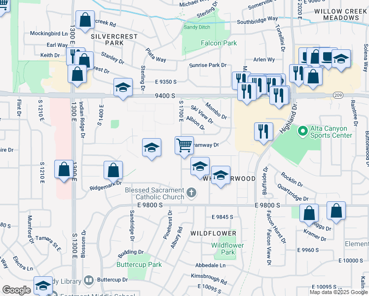 map of restaurants, bars, coffee shops, grocery stores, and more near 9595 South 1700 East in Sandy