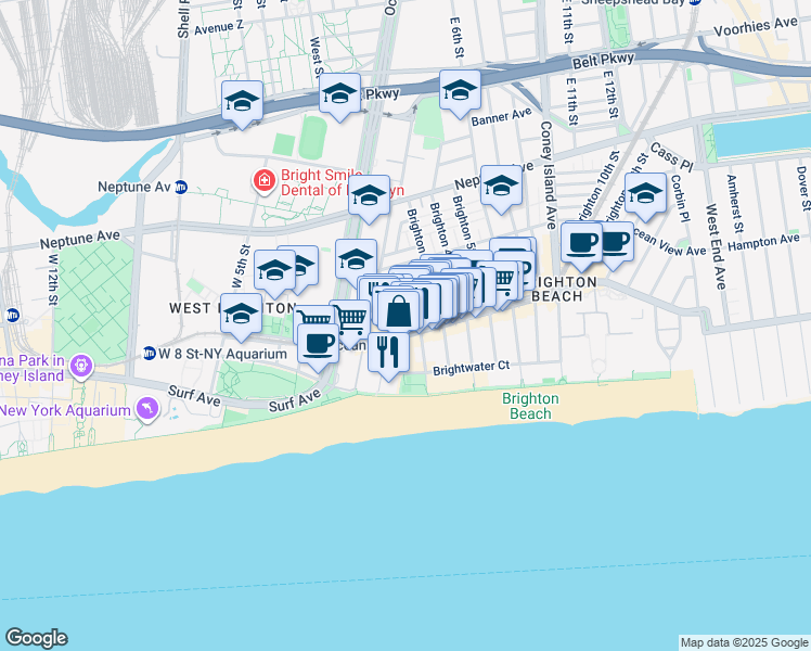 map of restaurants, bars, coffee shops, grocery stores, and more near 3089 Brighton 2nd Street in Brooklyn