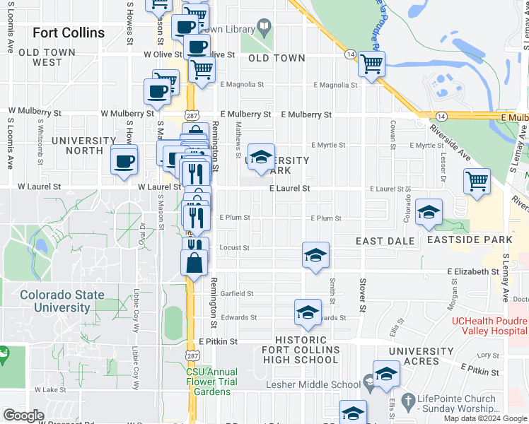 map of restaurants, bars, coffee shops, grocery stores, and more near 330 East Plum Street in Fort Collins