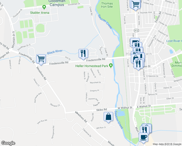 map of restaurants, bars, coffee shops, grocery stores, and more near 1973 Willings Lane in Hellertown